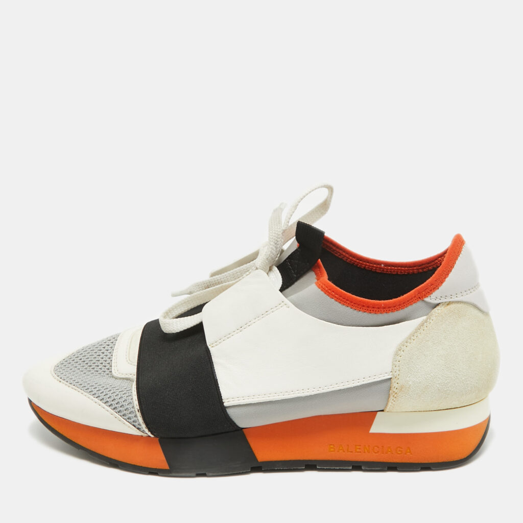 luxury-women-balenciaga-used-shoes-p943130-001 Balenciaga Tricolor Leather and Mesh Race Runner Sneakers Size 37