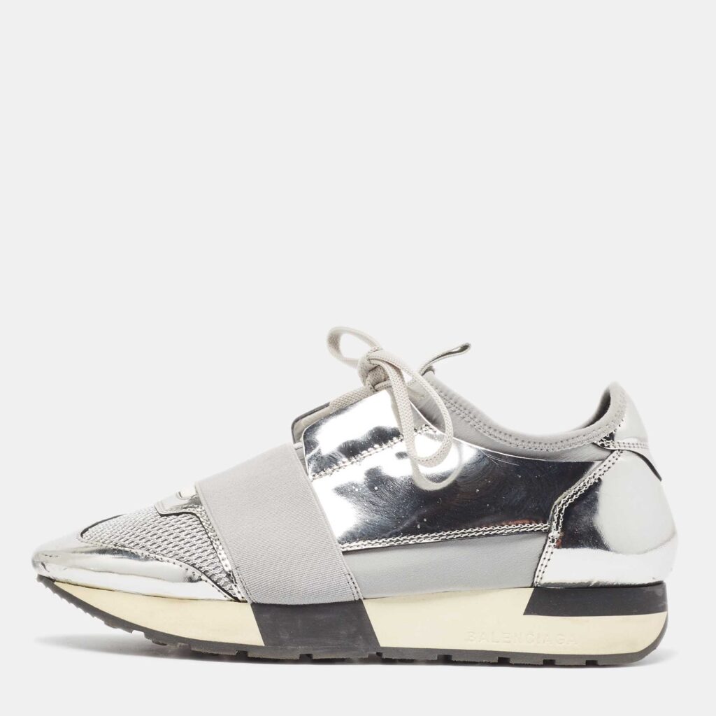 luxury-women-balenciaga-used-shoes-p965490-003 Balenciaga Silver Leather and Mesh Race Runner Sneakers Size 36