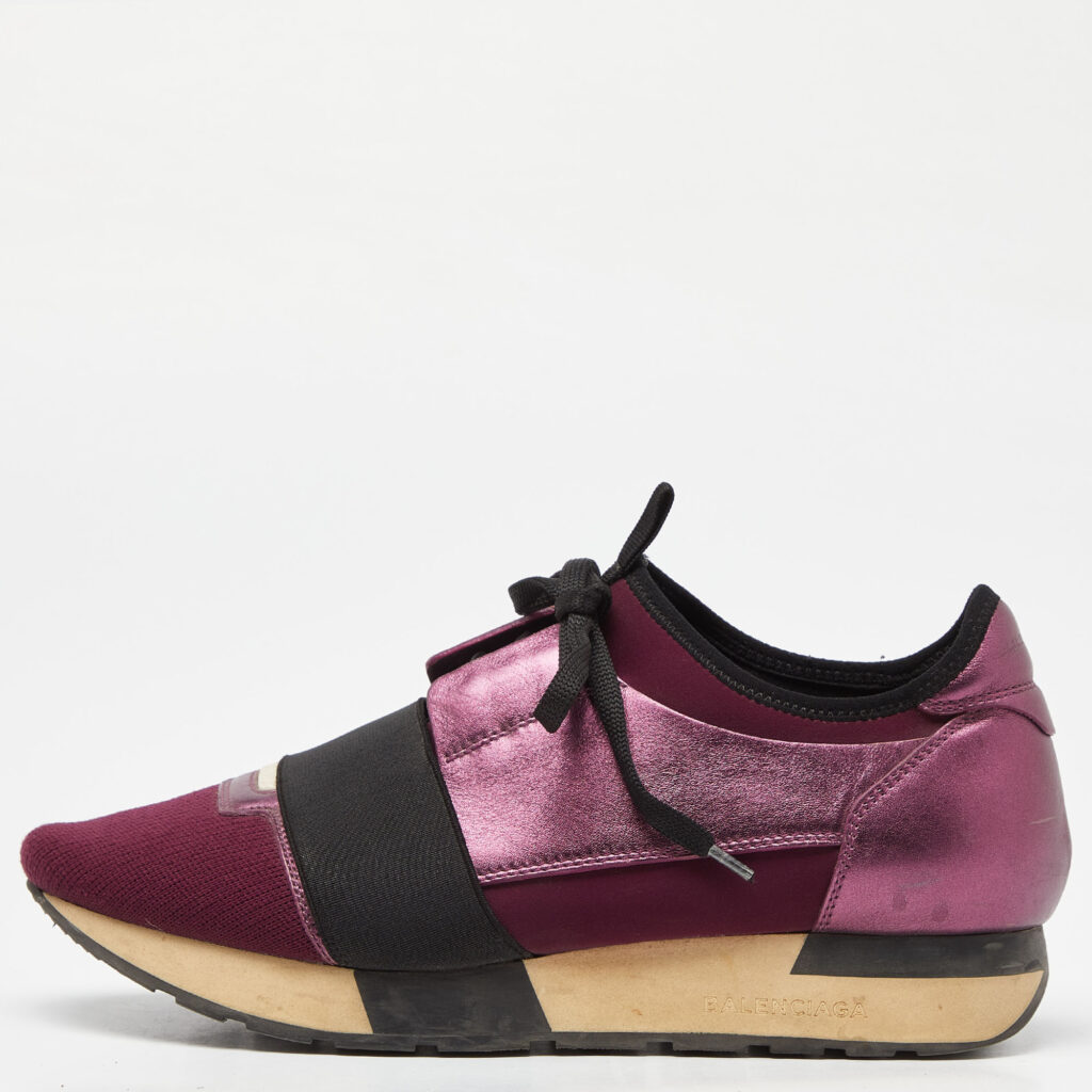 luxury-women-balenciaga-used-shoes-p969017-009 Balenciaga Burgundy Leather, Neoprene and Fabric Race Runner Sneakers Size 39