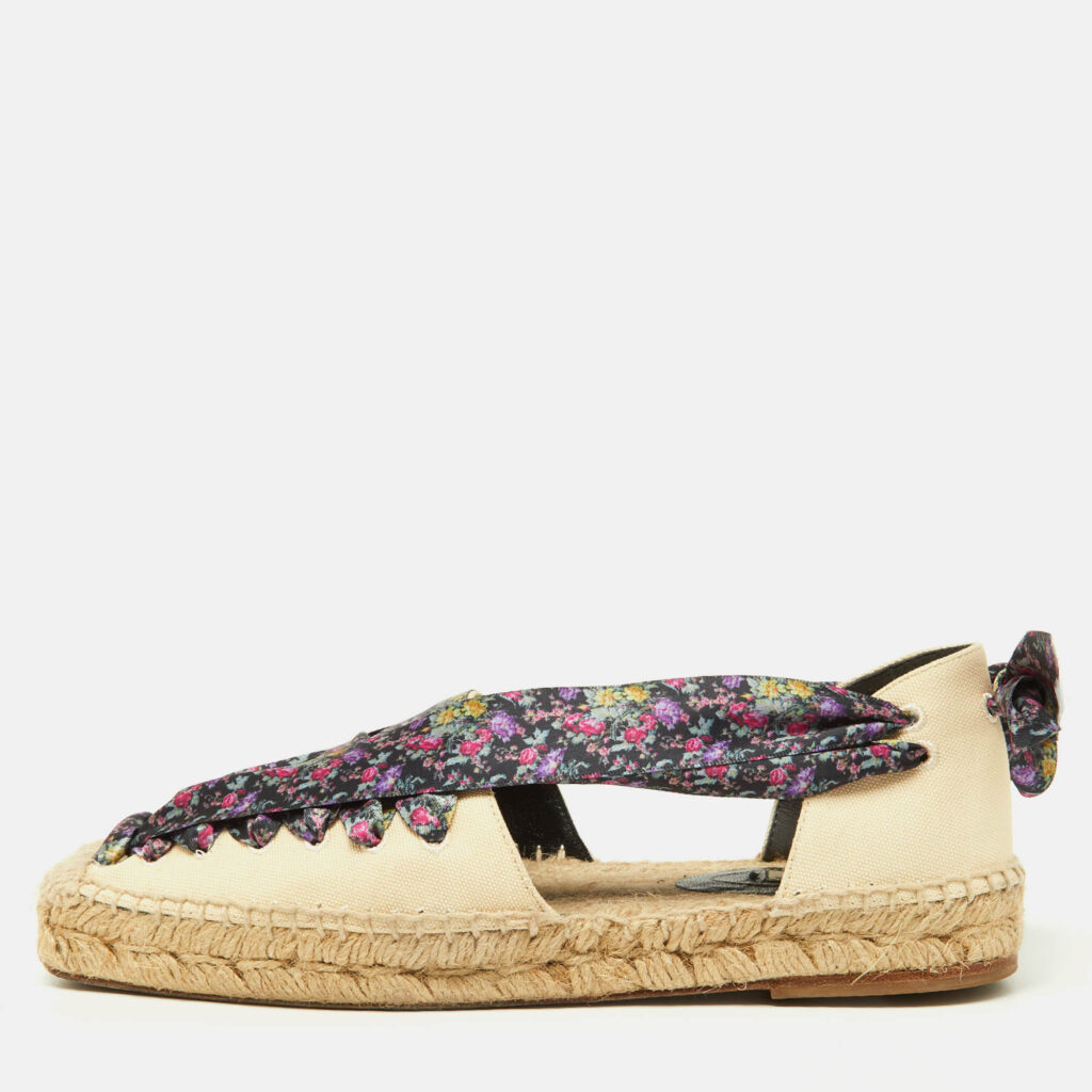 luxury-women-balenciaga-used-shoes-p971251-010 Balenciaga Multicolor Canvas and Floral Print Lace Up Espadrille Flat Sandals Size 36