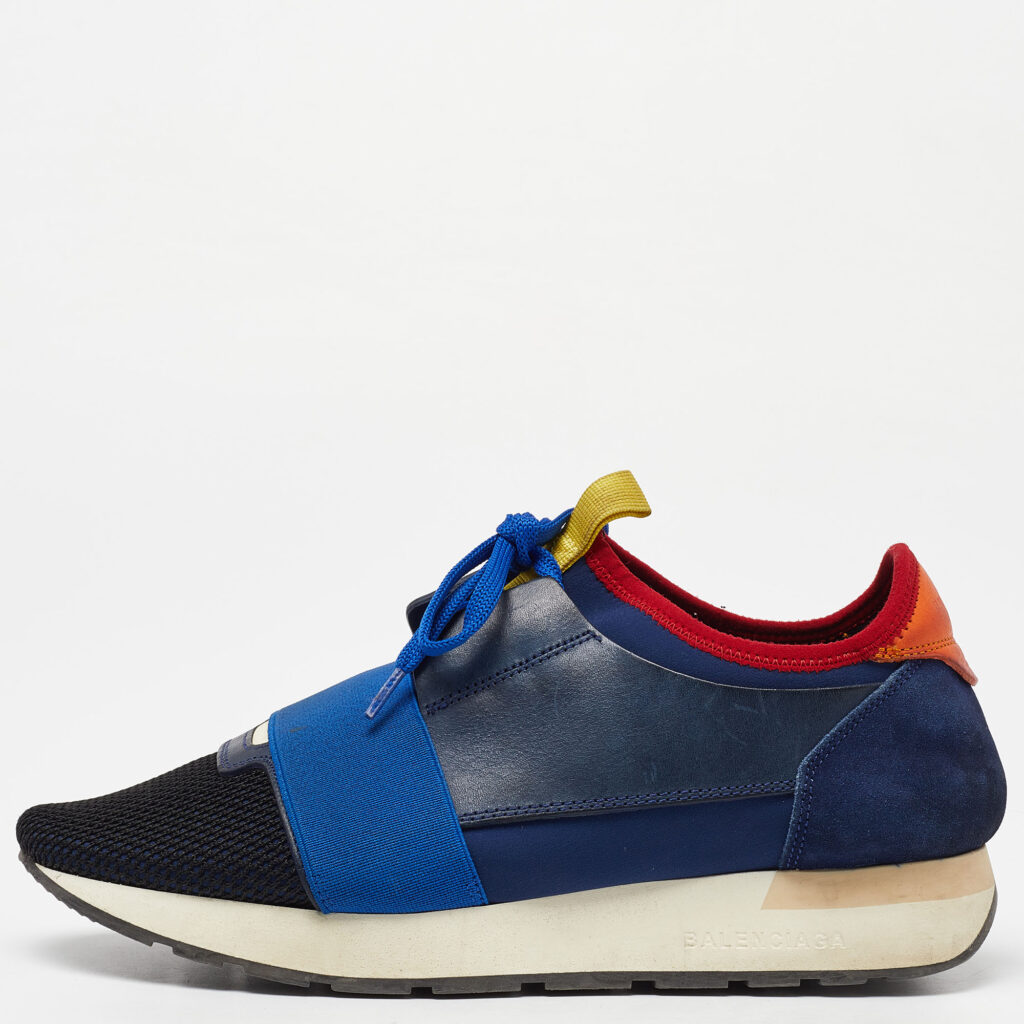 luxury-women-balenciaga-used-shoes-p974420-007 Balenciaga Navy Blue Leather,Suede,Neoprene and Mesh Race Runner Sneakers Size 38