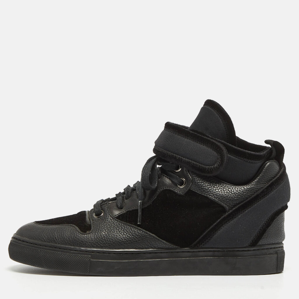 luxury-women-balenciaga-used-shoes-p980616-010 Balenciaga Black Velvet and Leather Velcro Strap High Top Sneakers Size 36