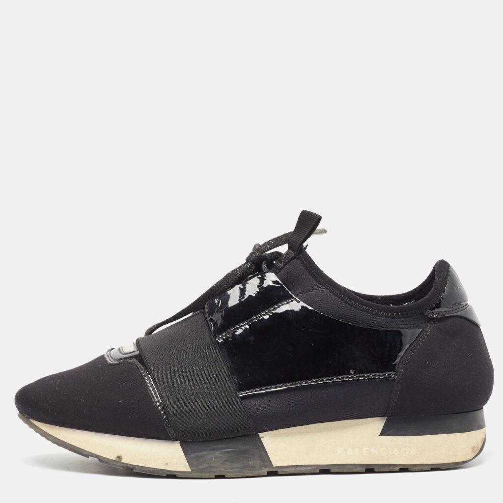 luxury-women-balenciaga-used-shoes-p986367-004 Balenciaga Black Patent Leather and Fabric Race Runner Low Top Sneakers Size 38