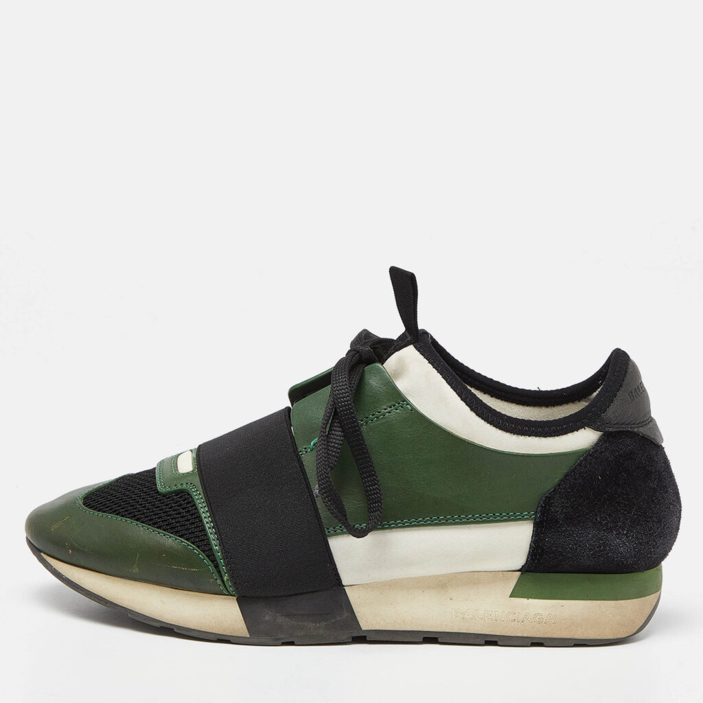 luxury-women-balenciaga-used-shoes-p988487-010 Balenciaga Green/Black Leather and Mesh Race Runner Sneakers Size 38