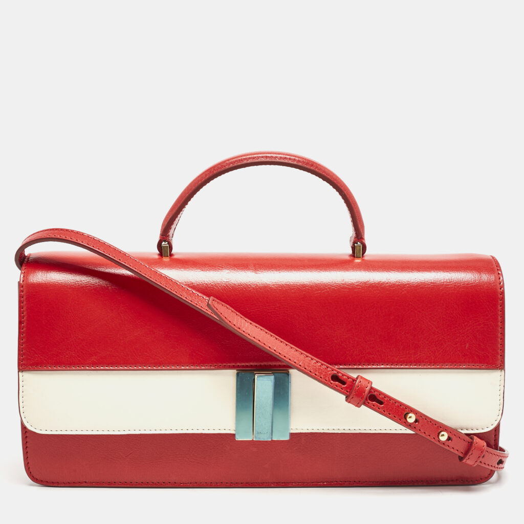 Bally Red/White Leather East/West Ollam Brief Top Handle Bag