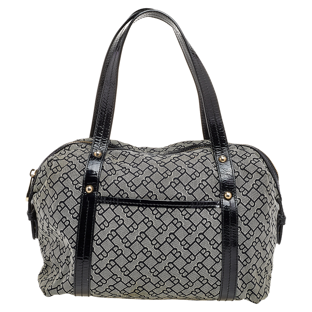 luxury-women-bally-used-handbags-p500476-006-1 Bally Grey /Black Patent Leather And Canvas Satchel