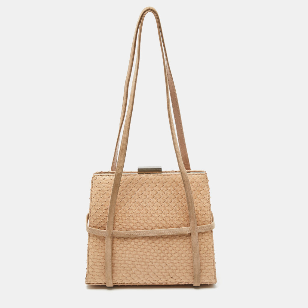 luxury-women-bally-used-handbags-p924245-011 Bally Beige Watersnake Leather and Suede Metal Frame Shoulder Bag