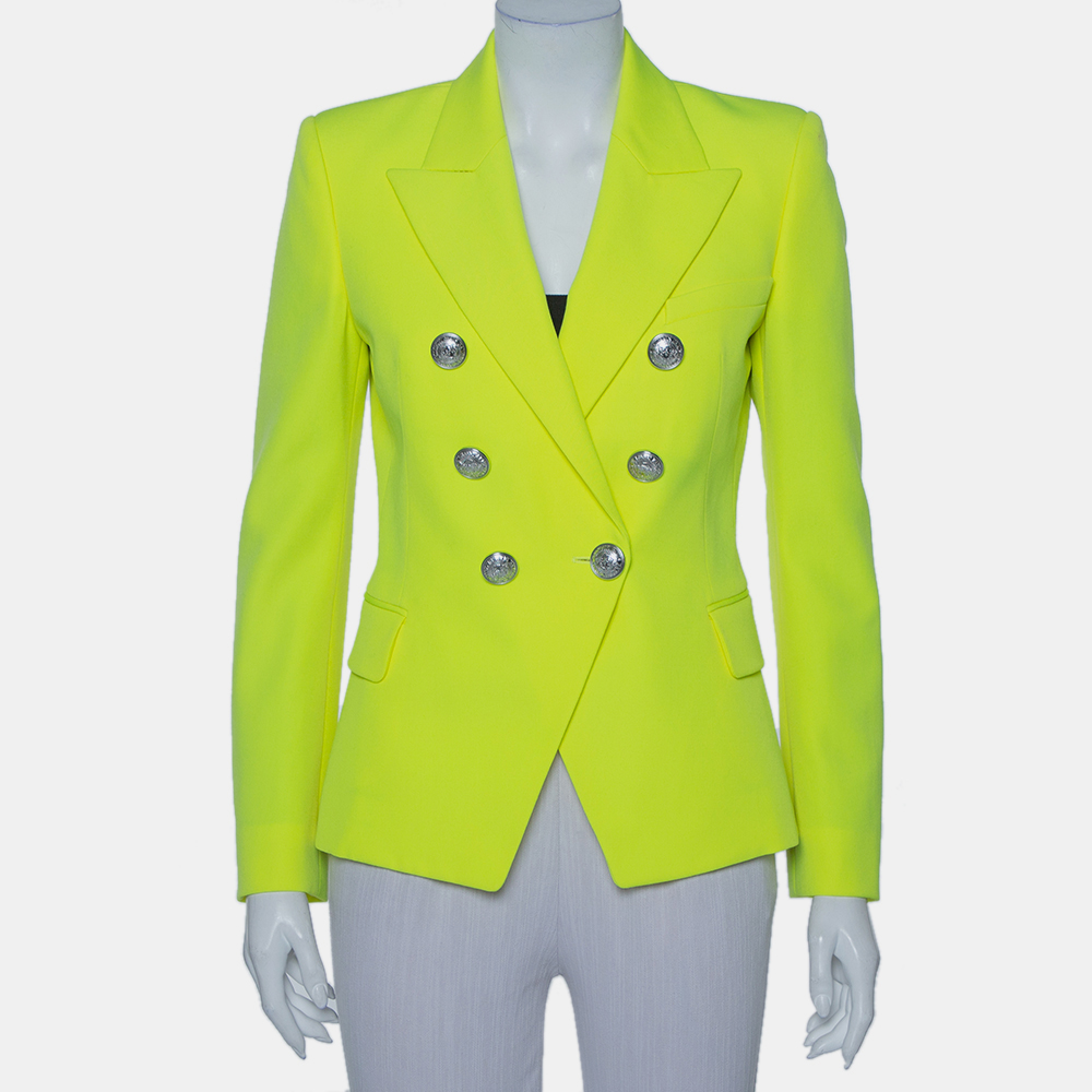 luxury-women-balmain-new-clothes-p421066-011 Balmain Neon Yellow Wool Double Breasted Button Front Blazer M