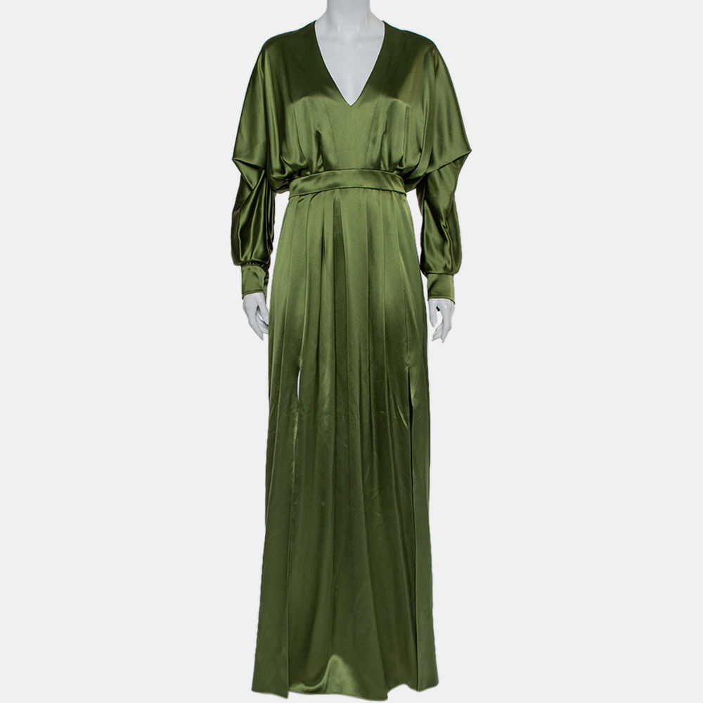 luxury-women-balmain-new-clothes-p437246-008 Balmain Green Silk Satin Pleated Front Slit Detail Maxi Dress S