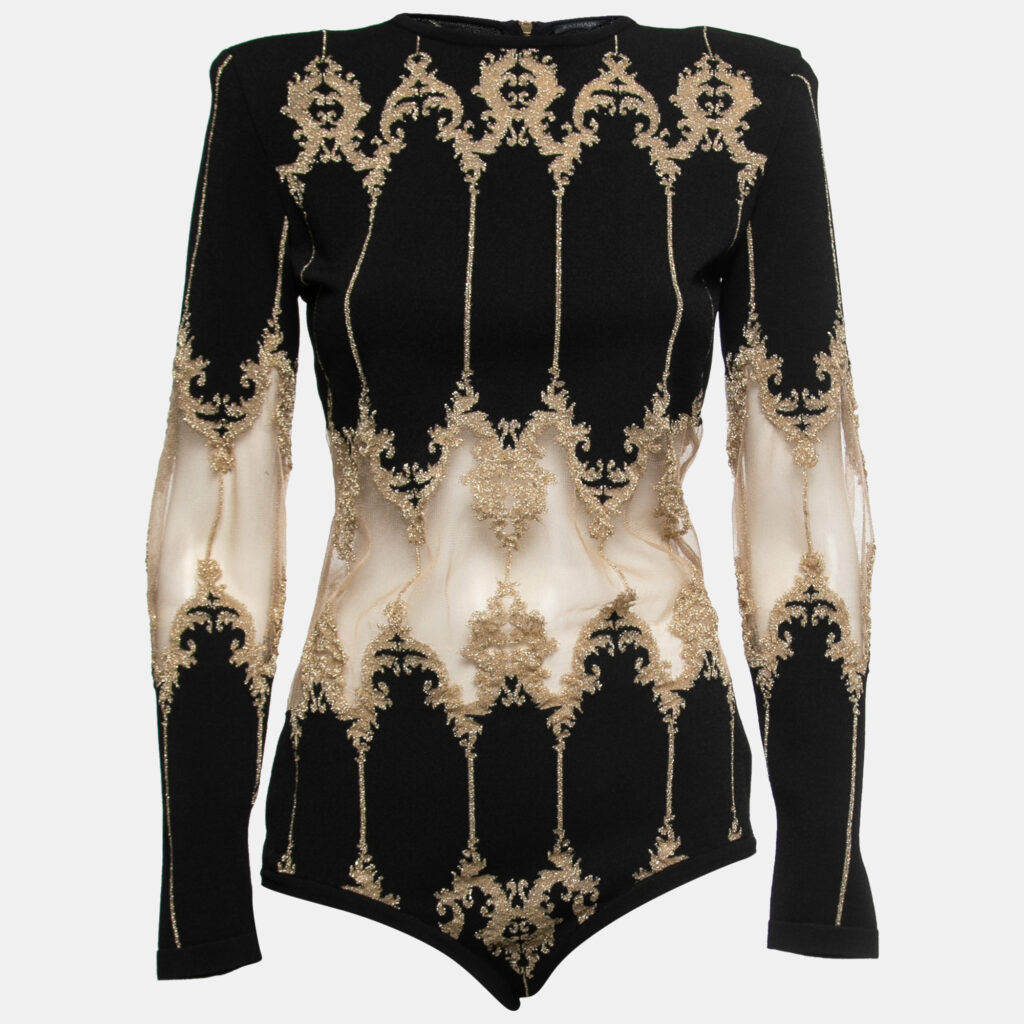 luxury-women-balmain-new-clothes-p756855-001 Balmain Black Stretch-Knit Metallic Tulle Paneled Bodysuit L