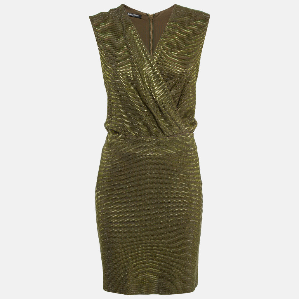 luxury-women-balmain-used-clothes-p1024186-001 Balmain Green Embellished Jersey V-Neck Sleeveless Dress M