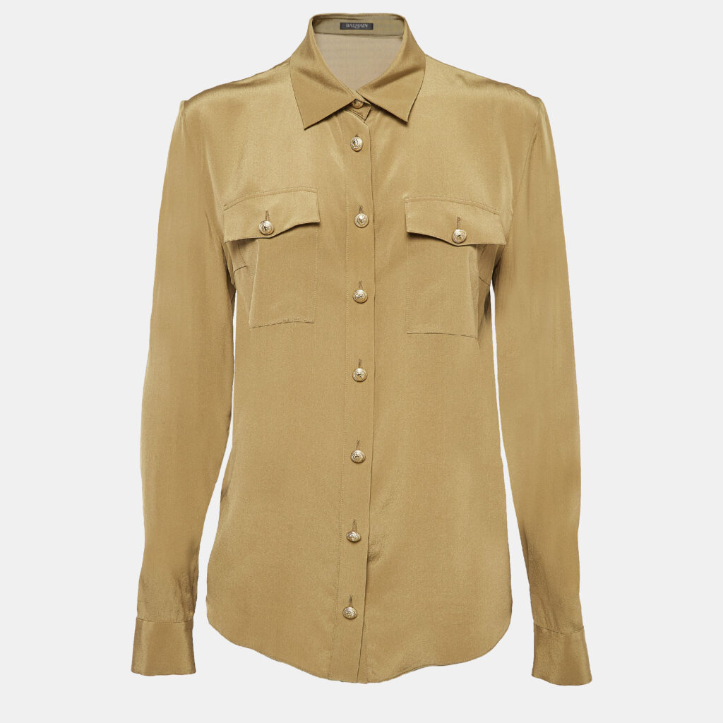 Balmain Green Silk Long Sleeve Shirt M