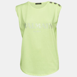 Balmain Fluorescent Green Logo Print Jersey Sleeveless T-Shirt M