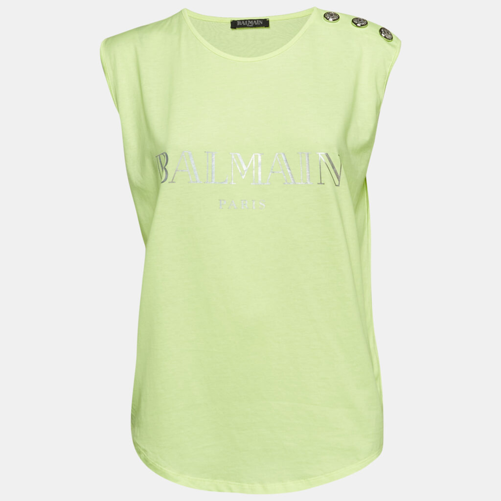 Balmain Fluorescent Green Logo Print Jersey Sleeveless T-Shirt M