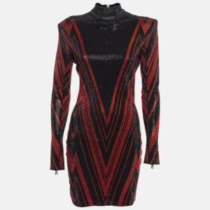 Balmain Black/Red Chevron Patterned Crystal Embellished Jersey Mini Dress M
