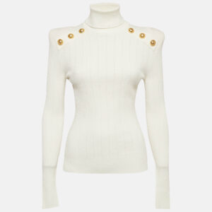 Balmain White Rib Knit Structured Shoulders Turtleneck Sweater M
