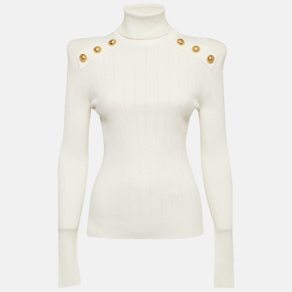 luxury-women-balmain-used-clothes-p1032220-001 Balmain White Rib Knit Structured Shoulders Turtleneck Sweater M