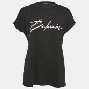 Balmain Black Logo Print Cotton Crew Neck T-Shirt M