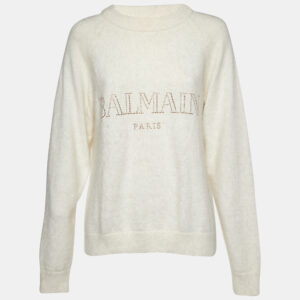 Balmain Cream Crystal Logo Embellished Wool Knit Sweater M