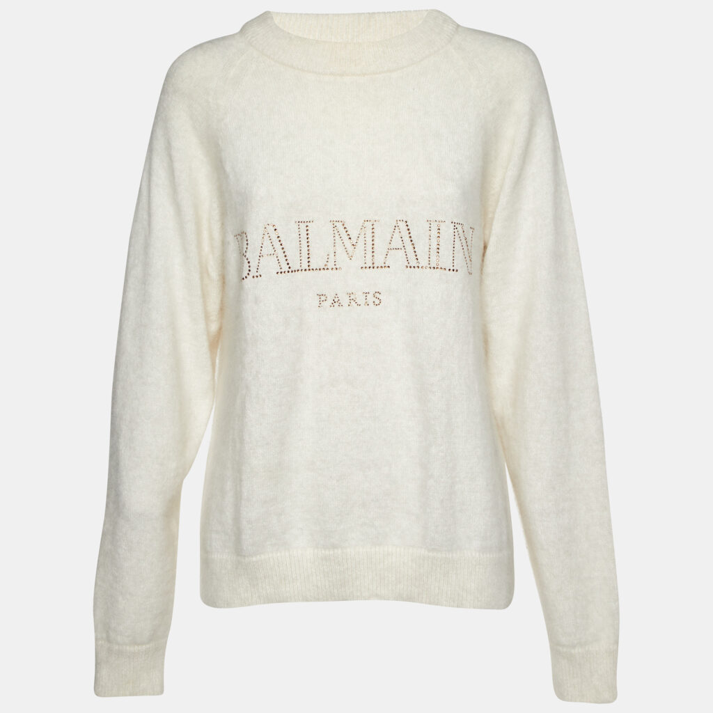 luxury-women-balmain-used-clothes-p1101943-004 Balmain Cream Crystal Logo Embellished Wool Knit Sweater M