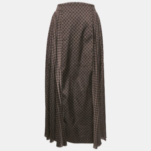 Balmain Brown  Monogram Print Satin Pleated Midi Skirt M