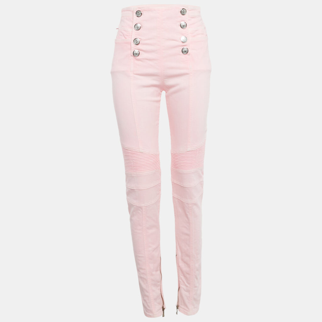 luxury-women-balmain-used-clothes-p1108229-003 Balmain Pink Denim Button Detail Jeans M Waist 28"
