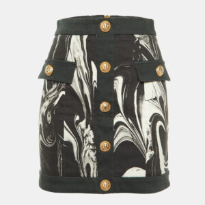 Balmain Monochrome Marble Print Cotton Button Detail Mini Skirt S