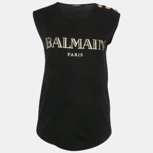 Balmain Black Logo Print Cotton Knit Button Detail Sleeveless Top S