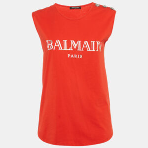 Balmain Red Logo Print Cotton Knit Button Front Sleeveless S