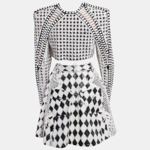 Balmain Black/White Crystal Embellished Wool and Leather Blazer and Skirt S
