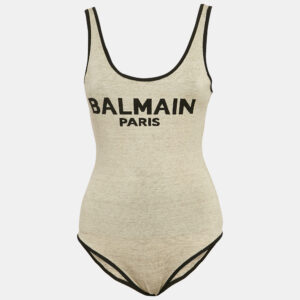 Balmain Beige Linen Blend Knit Round Neck Bodysuit S