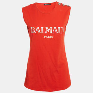 Balmain Orange Logo Print Jersey Button Detail Sleeveless T-Shirt S