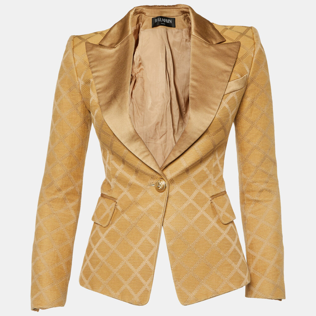 luxury-women-balmain-used-clothes-p1122129-003 Balmain Beige Diamond Pattern Cotton & Silk Tailored Blazer S