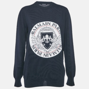 Balmain Navy Blue Intarsia Knit Crew Neck Sweater M