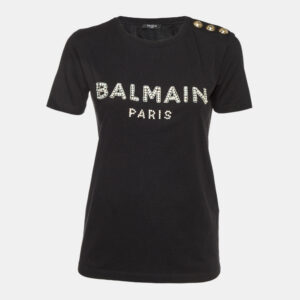 Balmain Black Logo Print Cotton Crystals Embellished T-Shirt S