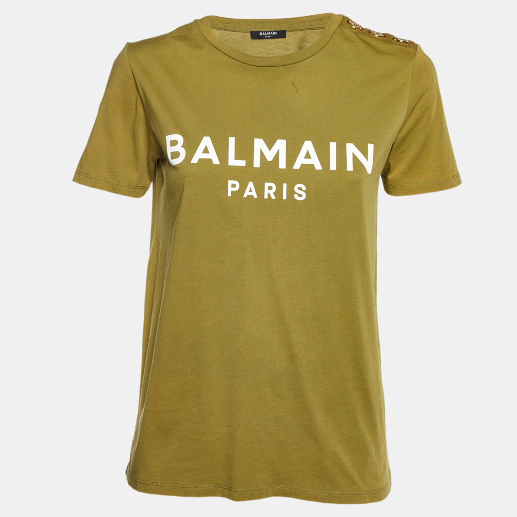 luxury-women-balmain-used-clothes-p1126934-001 Balmain Green Logo Printed Cotton Buttons Detail Half Sleeve T-Shirt S