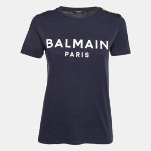 Balmain Blue Logo Printed Cotton Buttons Detail Half Sleeve T-Shirt XS