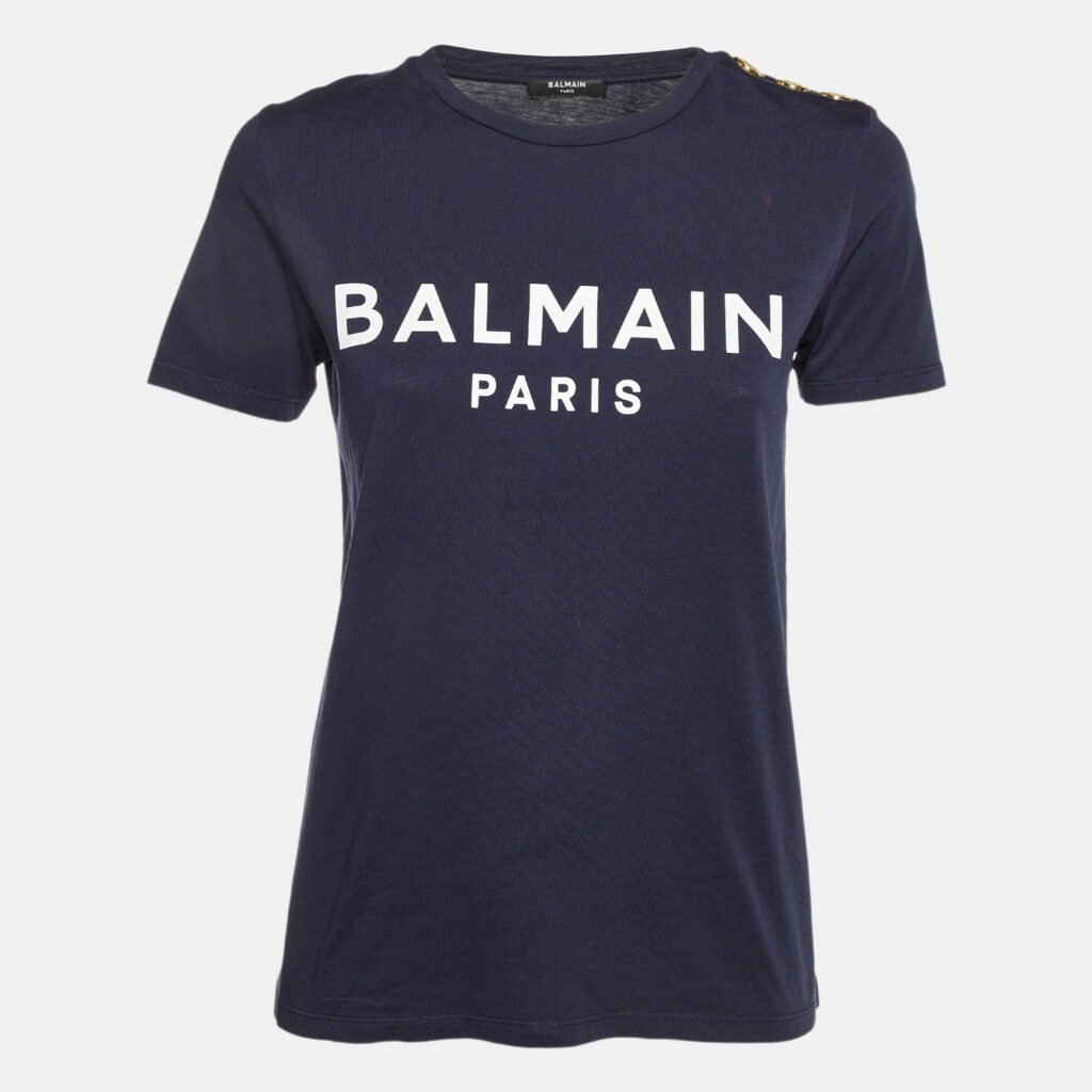 luxury-women-balmain-used-clothes-p1126937-001 Balmain Blue Logo Printed Cotton Buttons Detail Half Sleeve T-Shirt XS
