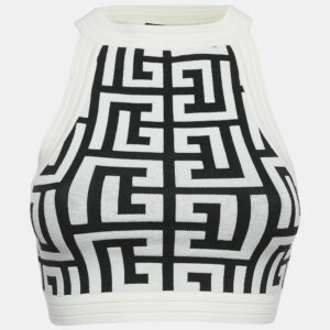 Balmain White/Black Monogram Knit Sleeveless Crop Top S