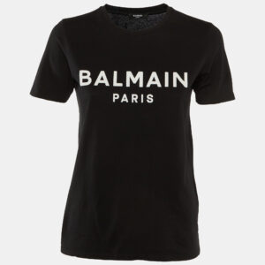 Balmain Black Logo Flock Print Cotton Crew Neck T-Shirt XS