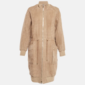 Balmain Beige Suede Zip-Up Quilted Long Coat M