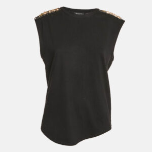 Balmain Black Leather and Brass Shoulder Embellished Jersey T-Shirt M