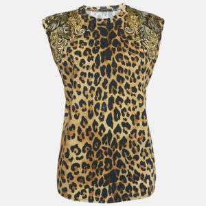 Balmain Brown Leopard Print Embellished Cotton Blend Knit Tank Top M
