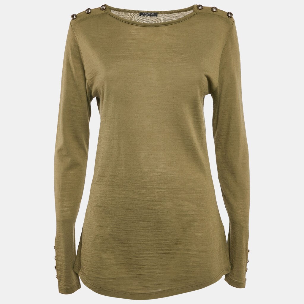 Balmain Olive Green Wool Button Detail Long Sleeve T-Shirt L