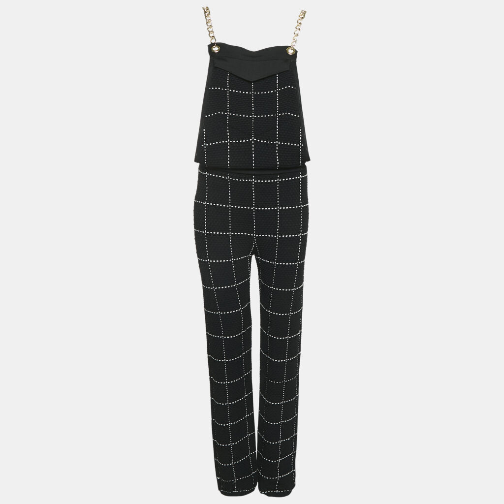 luxury-women-balmain-used-clothes-p1142308-008 Balmain Black Patterned Knit Chain Strap Detail Jumpsuit M