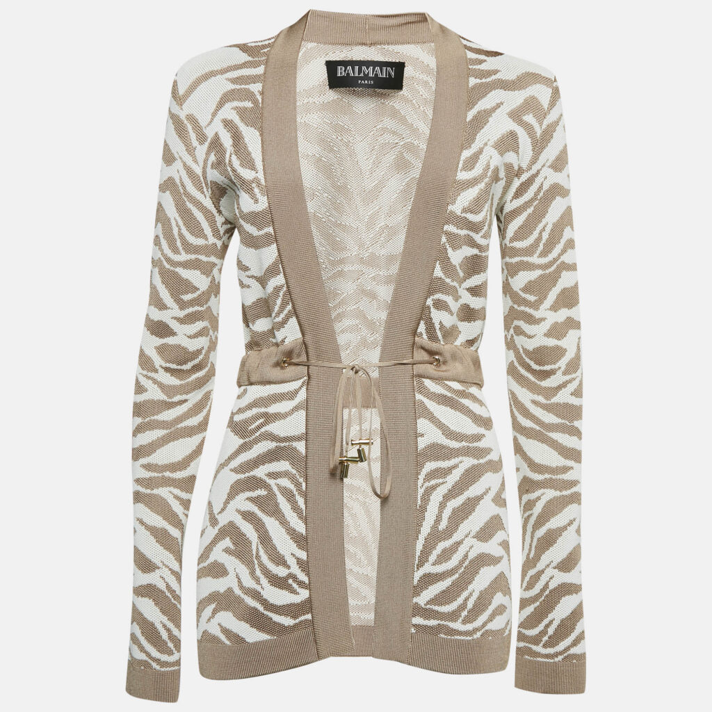luxury-women-balmain-used-clothes-p1142310-001 Balmain Beige/White Patterned Knit Drawstring Cardigan S