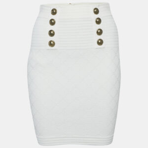 Balmain White Stretch Button Embellished Knit Mini Skirt S