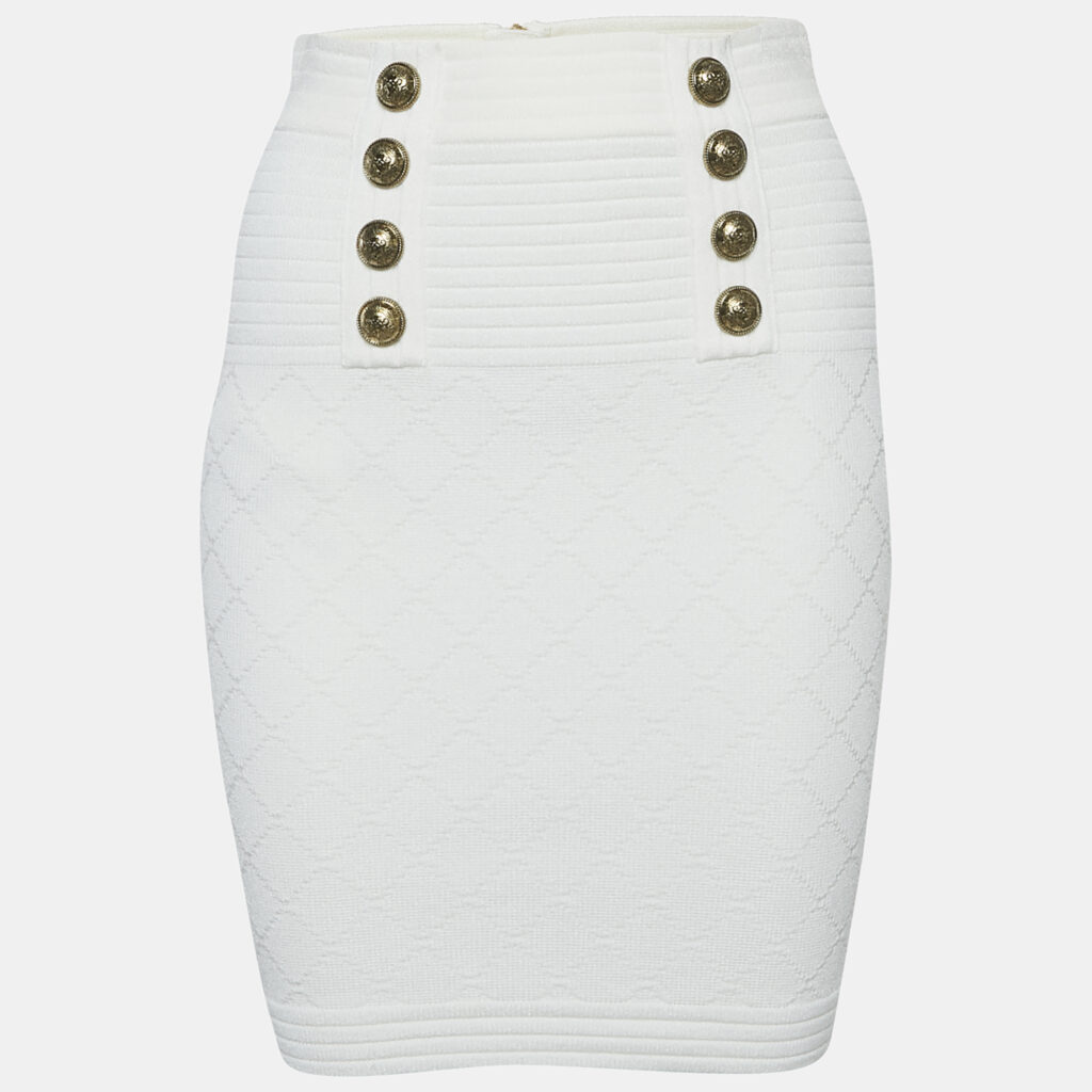 luxury-women-balmain-used-clothes-p1145983-001 Balmain White Stretch Button Embellished Knit Mini Skirt S