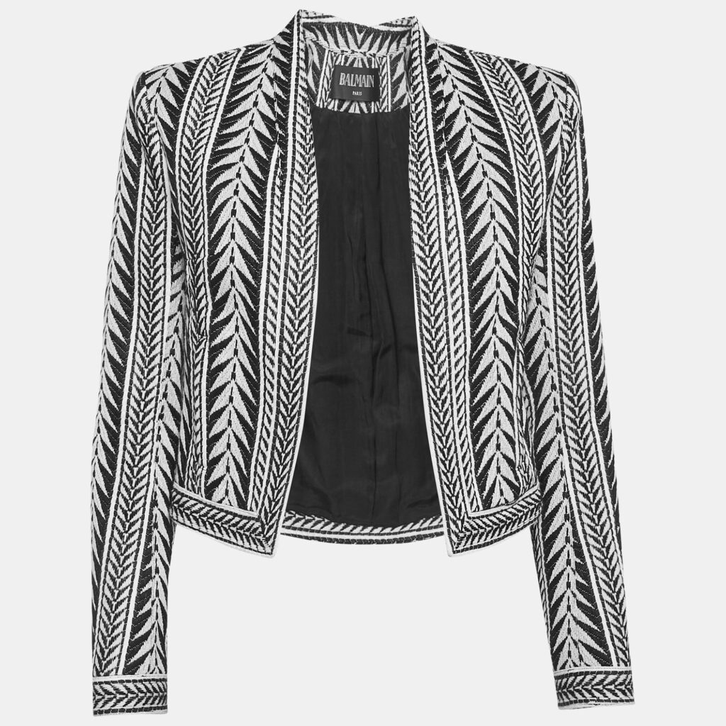 luxury-women-balmain-used-clothes-p1146163-007 Balmain Black/White Tribal Pattern Jacquard Open Front Jacket