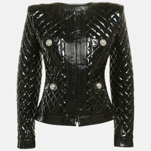 Balmain Black Faux Leather Button Detail Quilted Jacket S
